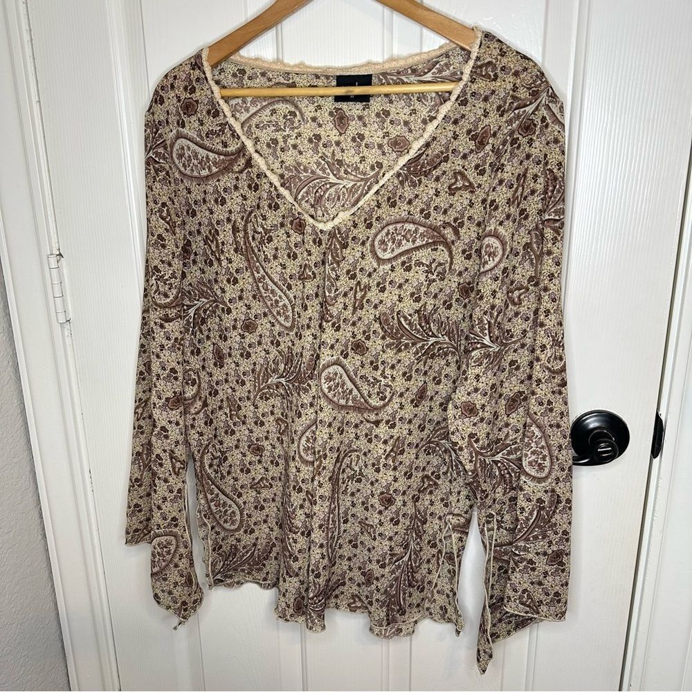 Y2K JKLA Creme Brown Floral Paisley Print Bell Sleeve Long Sleeve Blouse 1X Boho